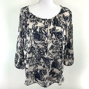 LOFT Floral Button‎ Sheer 3/4 Sleeve Blouse Top